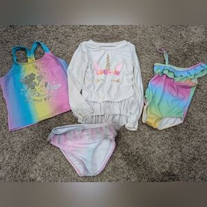 5/6 5t 6t girl swimsuit bundle mermaid unicorns rainbow rash guard